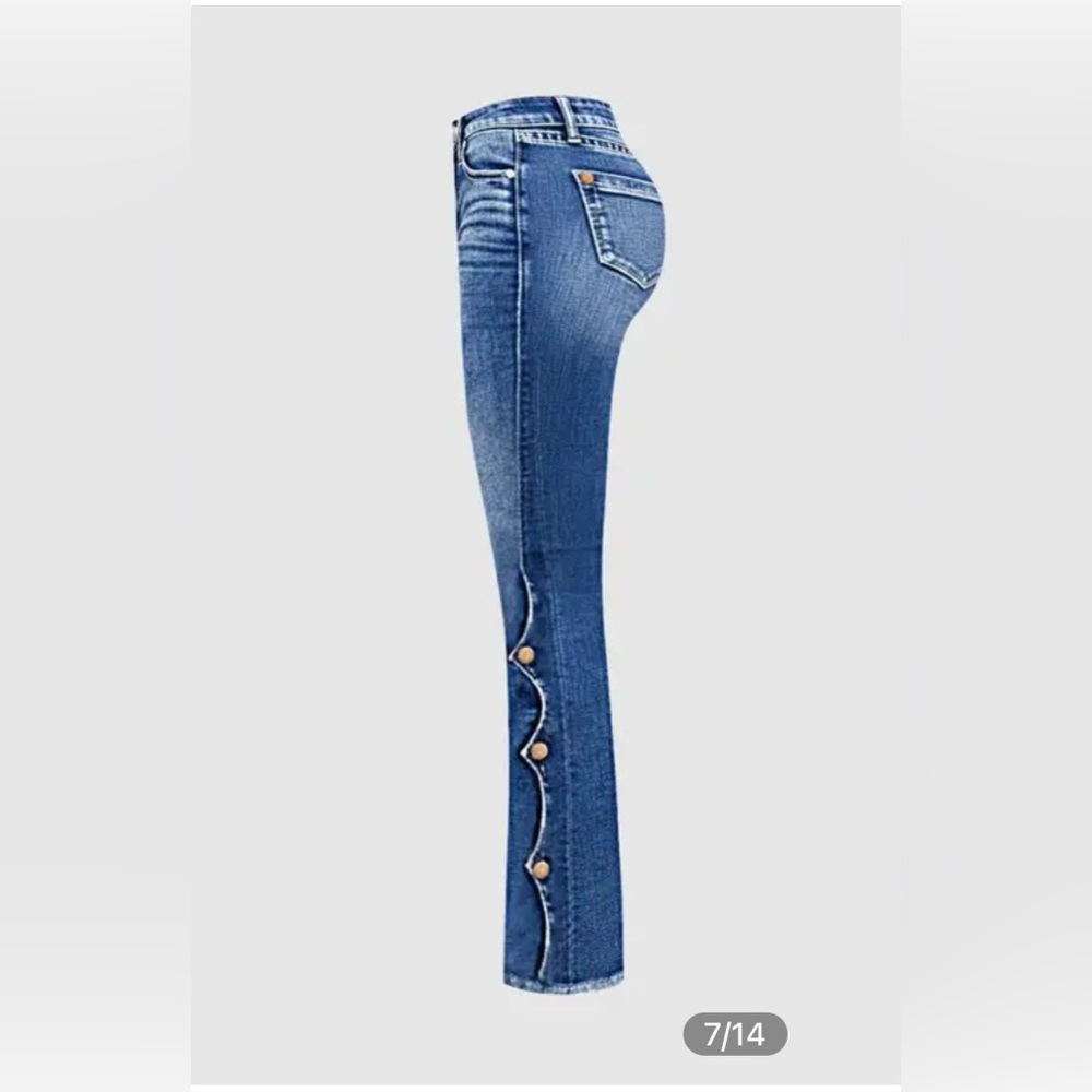 NEW ! Women’s Blue Boot Cut Jeans with Side Button Detail-Large 30-35”W/31.75” L - Picture 8 of 11